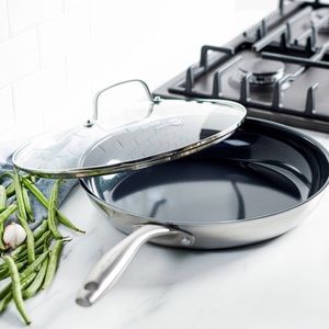GreenPan Greenwich 12" Stainless Steel Frypan with Lid Cover Healthy Nonstick